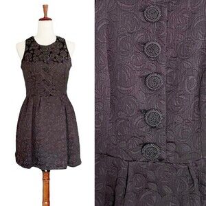 BB Dakota Dress Black Floral Jacquard Retro Fit & Flare Dress Women’s Size Large